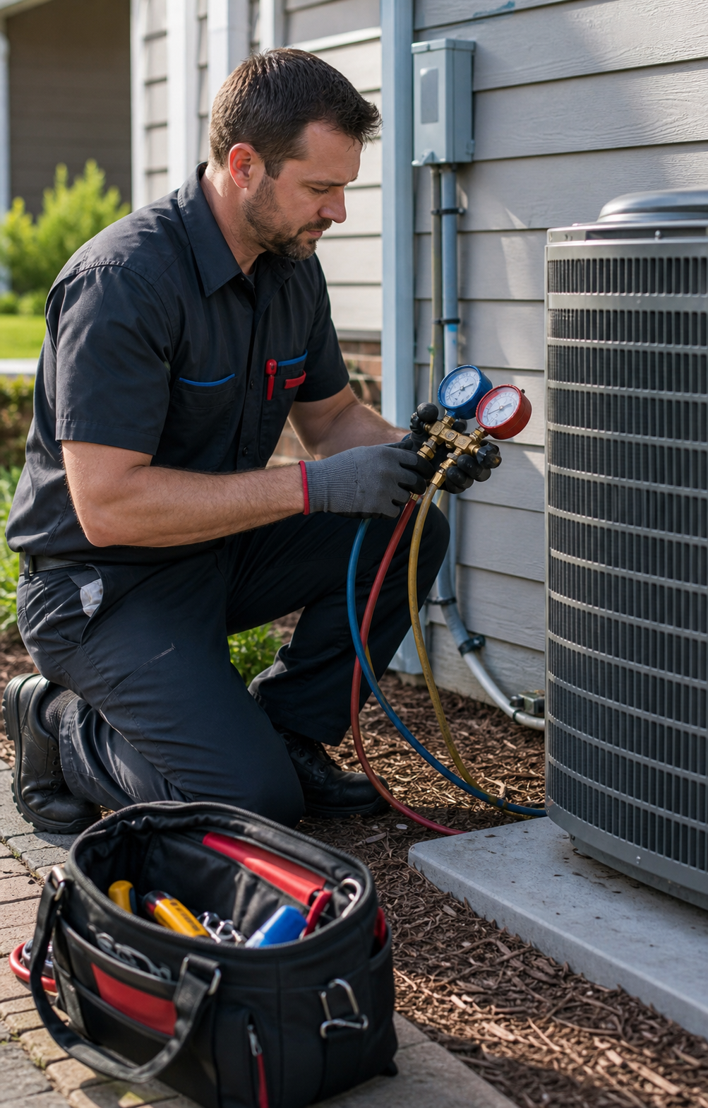 HVAC technician servicing an outdoor air-conditioning system
